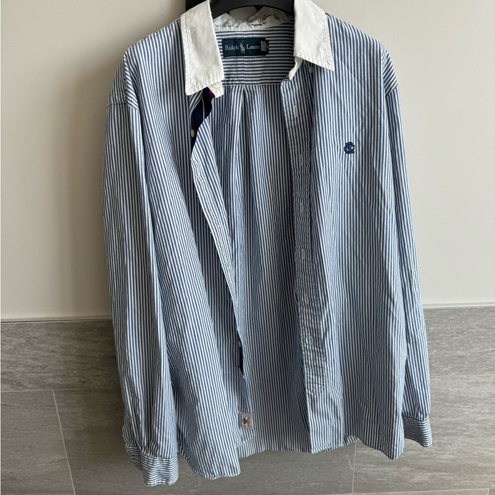 Men’s Ralph Lauren Button Down Blue White Stripe Shirt Large